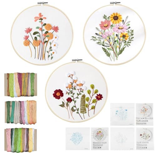 XWCHASA Kit Ricamo con Motivo Floreale e Istruzioni, 3 Pezzi per Principianti, Set Ricamo Completo con Telaio, Filo e Attrezzi, Embroidery Kit per Adulti e Aficionati