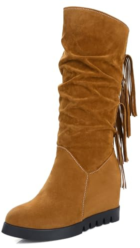Bviennic Femme Compensées Bottes Talons Hauts Bottes Mi-Mollet Bout Rond A Enfiler Mode Bottes Slouch, O292419Io Jaune Taille 36.5 EU/37Cn