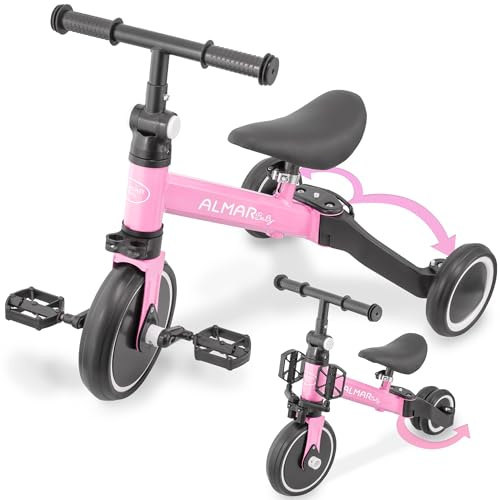 ALMAR Baby Triciclo 3 en 1rosa, Bicicleta niño correpasillos, Bicicleta con Pedales, Bici bebé de 1 año a 5 años, 25kg, Asiento Ajustable