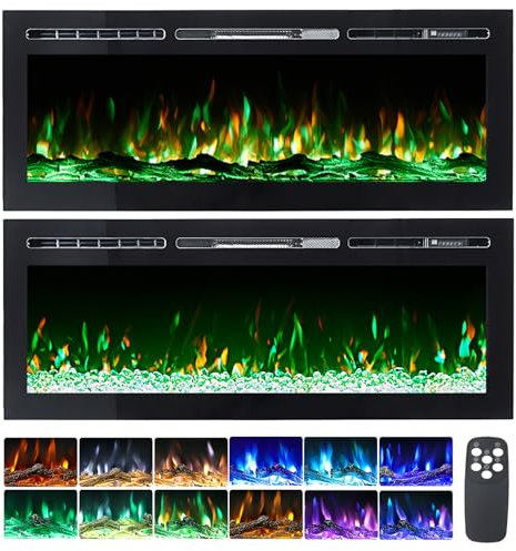 WarmieHomy Electric Fire 152cm/60in with Large Flame Display Screen, Recessed/Wall Mounted Electric Fireplace, Media Wall Fire with Remote Control, 12 Flame Colors, 900W&1800W, Crystal & Log Set