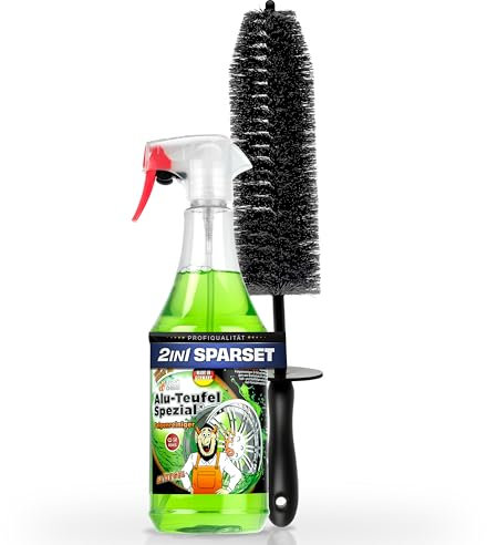 Felgen Reinigungsset | Tuga Alu Teufel Spezial Felgenreiniger Gel 1l + Felgenbürste | Alufelgen Reiniger Set mit Langer Bürste zur effizienten Auto Felgenpflege