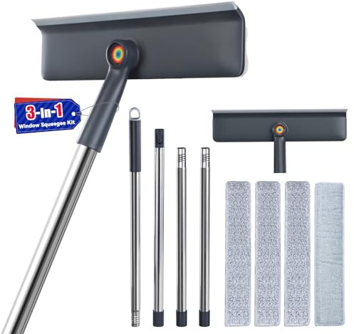 CTIME 62‘’ Window Washing Kit : 3 in 1 Window Squeegee for Home, Window Cleaning Kit with Scrubber&Rotating Head, Glass Cleaning Tools for Indoor/Outdoor with 3 Microfiber Cloths | Screen Brush