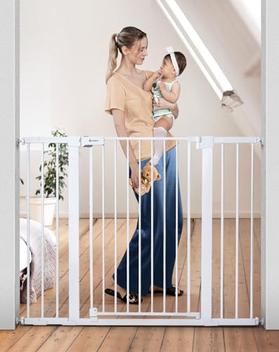 COMOMY 91,5cm Cancelletto per cani Extra Alto, per Scale e Porte, 75 a 124cm di Larghezza, Montato a Pressione Cancellino Bambini di Sicurezza Extra Largo a Chiusura Automatica per Casa, Bianco