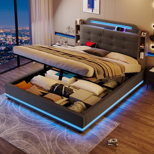 Laxnb Cama Tapizada 140x200 cm Cama Matrimonio Cama Juvenil, LED Cabecero con Carga USB, Camas Matrimoniales con Almacenaje Hidráulico, Estructura Camas Doble con Lamas, Sin Colchón, Lino (Gris)