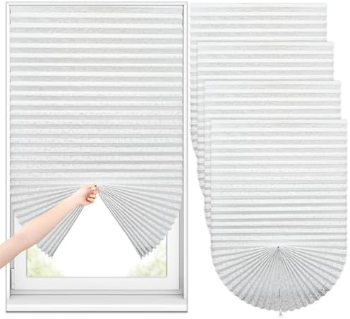 Sneulletoys No Drill Blinds for Windows,Temporary Patterned Blind,Easy Fit Self Adhesive Pleated Blinds Crop According to Size,Stick on Blind for Kitchen Bathroom Bedroom (White, 60W x 150H cm)