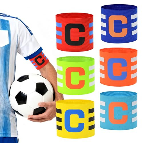 Ulluthu Juego de 6 Brazaletes de Capitán de Fútbol | Bandas de Capitán Multicolor Elásticas Ajustable con Belcro Estándar en Logotipo de C | Pulseras Deportivas de Nailon para Niños y Adultos