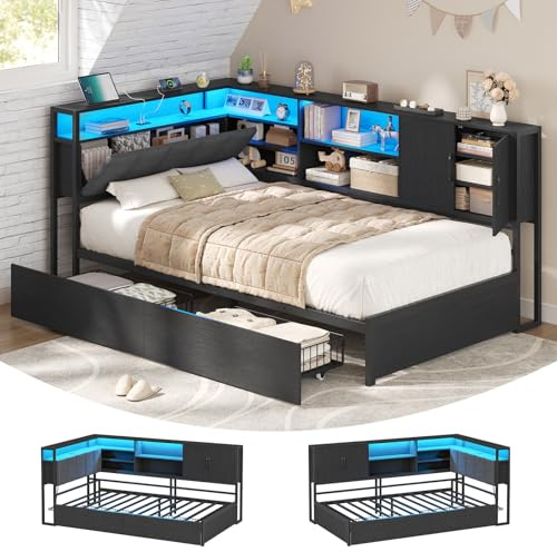KIMENICH Cama tapizada sofá Cama 90 x 190 cm con iluminación LED, estación de Carga, Camas Juvenil con 2 cajones y somier de láminas de Metal, cabecero con Almacenamiento, estantes Abiertos, Negro