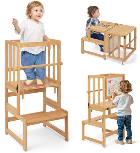 COSYLAND Montessori Lernturm ab 1 Jahr klappbar | 3 in 1 Learning Tower & Lernstuhl Kinder ab 1 Jahr | Klappbarer Montessori Lernturm mit Tafel für Küche, Tisch & Bad, Toddler Tower