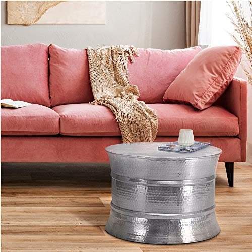 WOMO-DESIGN Couchtisch rund Ø 62x33 cm, Silber, Drum, Unikat, handgefertigt aus Aluminium, Hammerschlag Design, Metall Sofatisch, Wohnzimmer Beistelltisch, Flacher Wohnzimmertisch, Orient Loungetisch