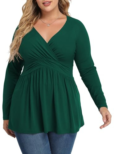 TIANZHU Plus Size Tops For Women Wrap babydoll shirt Long Sleeve fall Tunic Top dressy V Neck Blouse empire waist low cut flowy peplum clothe XX-Large Dark Green