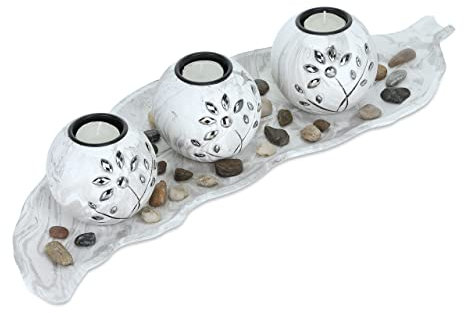 Relaxdays Teelichthalter Set, 3 runde Kerzenständer, Teelichter, Tablett in Blattform, Dekosteine, Tischdeko, grau/weiß