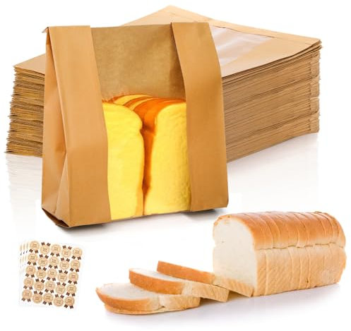 ZENFUN 100 Pack Reusable Paper Bread Bags with Stickers & Clear Window, Kraft Food Packaging Storage Bakery Bag Packaging for Homemade Bread, Cookies, Donuts, 8.3 x 4 x 12.6 Inches