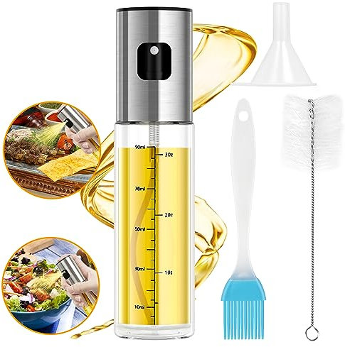Uktunu Nebulizzatore Olio Spruzzatore di Olio per Friggitrice con Imbuto, Spazzola per la Pulizia e Spazzola Spruzzino per Olio D'oliva Bottiglia Olio Spray da Cucina per BBQ Insalata Cottura -100ml