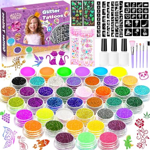 FAMKEEP Kit de Tatouage à Paillettes Enfant,42 Couleurs Tatouage Temporaire à Paillettes,223 Pochoirs, 5 Pinceaux,Non Toxique Kit Maquillage de Tatouage Paillette Pour Carnaval Noël Anniversaire Fille
