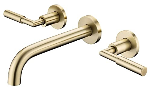 Pattlye Pt02BG Robinet mural doré brossé pour lavabo de salle de bain, double poignée, valve brute en laiton incluse