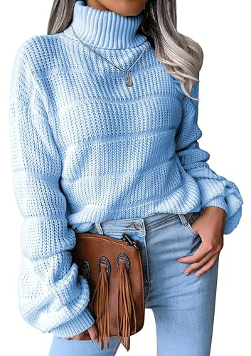 NLAND Jersey Mujer Invierno Cuello Alto Manga Larga Pullover Casual Ajustado Grueso Jersey de Punto Cálido Turtleneck Sweater para Otoño Invierno Suéter Elástico Tops Pull-Over(Azul-1,L)