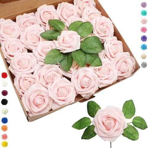 COSORO 25 Piezas Rosas Artificiales Rosa Champán,Flores Artificiales Decoracion Cumpleaños Bodas Fiestas Jardín Hogar,Rosas Falsas de Espuma con Tallo Regalos para Manualidades San Valentín Mujeres