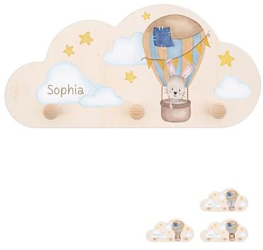 wunderwunsch® - Personalisierte Garderobe Kinder mit Spezial-Druck (inkl. 4 Haken)- Kinderzimmer Deko, Taufe Geschenk, Kindergeschenke, Geburt Geschenk (Hase Ballon)