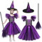 Hexenkostüm Mädchen Kinder Hexe Kostüm Halloween Tutu Hexenkleid Kleid Lila Hexenhut Besen Party Karneval (Lila, 110 (4-5 Jahre))