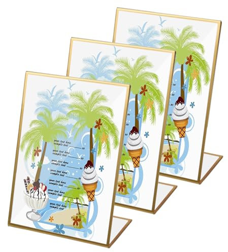 3 Pcs Inclinado Soporte de Menú de Acrílico para Carteles con Bordes Dorados, 5x7 Pulgadas Porta Carteles en Forma de L, Transparente Soporte de Expositor de Mesa para Menú Marcos Fotos Publicidad
