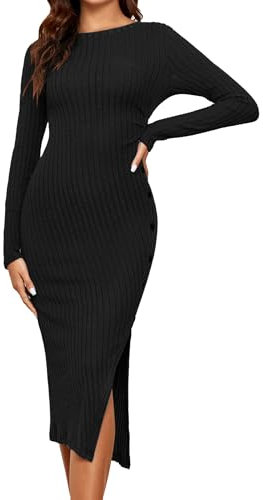 Famulily Women Work Dresses Elegant Casual Button Split Hem Sweater Dress Long Sleeve Plain Ribbed Knit Midi Dresses Black XL