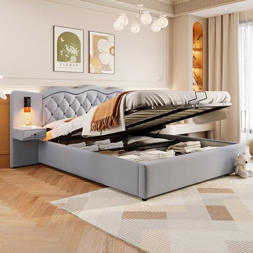 Ctastay Letto Matrimoniale Imbottito 180x200 cm, Letto per Adulti con Testata Integrata, 2 Luci Illuminazione, Funzione di Ricarica USB, 2 Cassetti, Contenitore SottoLetto,Grigio, senza Materasso.