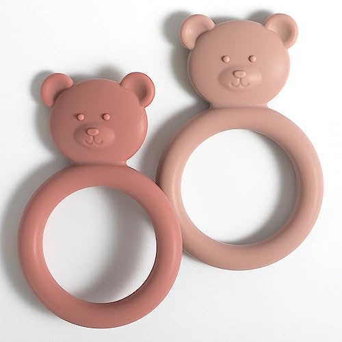 Baby Teething Ring, Bear-Shape 100% Silicone Easy to Grip Baby Teether, BPA Free, 2 Pack (Powder Rose+Dusty Lilac)