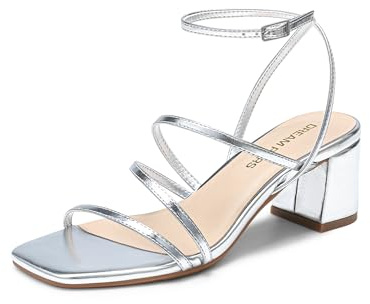 DREAM PAIRS Womens Block Heels 2 inch Strappy Square Toe Dressy Chunky Low Heeled Sandals for Party Wedding Evening,Size 7,Silver-Metallic,DWUMHS2512