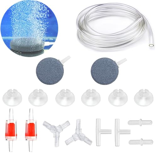 DeKago 15 Feet Transparent Airline Tubing Kit - Aquarium Air Pump Accessories with Air Stones Disc Bubbler, Check Valves, Suction Cups and Connectors for Nano Air Pumps Small Buckets and Fish Tank
