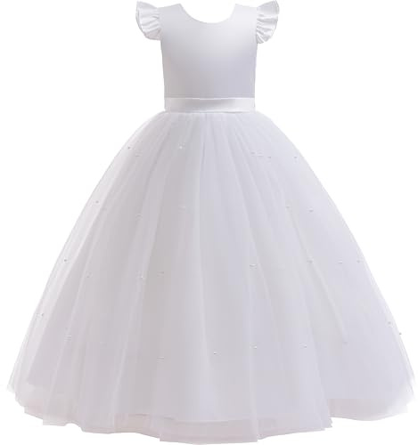 Glamulice Flower Girl Dresses White V Open Back Flutter Sleeve Satin First Communion Dress for Girls Birthday Princess Bridesmaid Tulle Maxi Long A Line Pageant Formal Wedding Party Ball Gown Gala 7-8