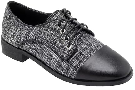 Blano Lofor Women's Wingtips Oxford Shoes Perforated Brogues Multicolor Patchwork Vintage Square Cap Toe Lace-up Low Heels Derby Shoes Creepers for Women Two Tone Tweed and Black Leather 11