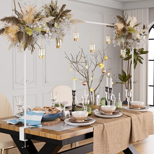 XLHOMO Over The Table Rod Stand with Clamps, Adjustable 32''-79'' Tall 32-131 Length, White Table Arch Stand Metal Balloon Frame Hanging Rod for Weddings Birthdays Party Garden Arbors Decoration