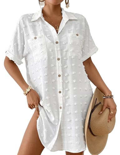Bsubseach Women Button Down Beach Shirt Cover Up | Swiss Dot & Short Sleeves & Front Pockets Beach Shirt Dress, Easy Care and Quick Drying