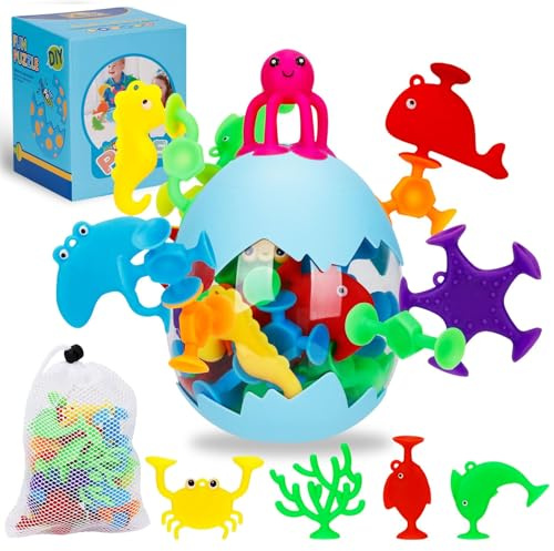 USHOP Juego de Ventosas para Niños,30 Piezas Juguetes Bañera Bebe,Juguete de Succión de Silicona,Juego de Construcción Sensorial Interactivo Juegos Educativos Regalos para Niños 3 4 5 6 7 Años