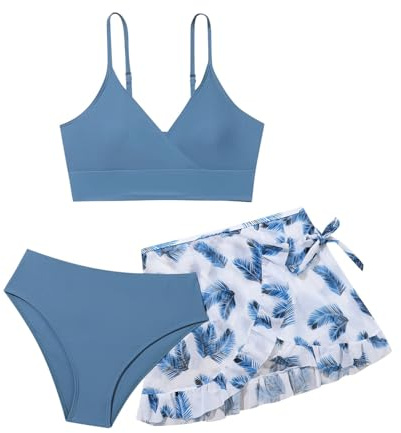 2025-Traje de baño de 3 piezas para niñas, lindo conjunto de bikini con falda estampado floral, traje de baño para niños, traje de baño para niñas 146, azul, 8-9 años