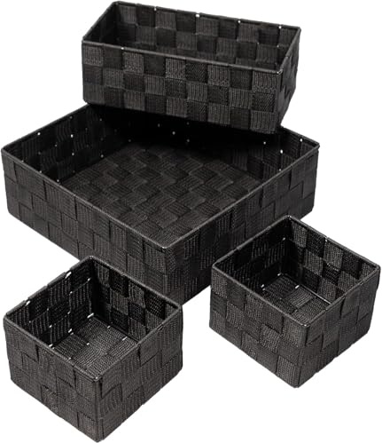 4er Set SilkKorb Aufbewahrungskorb ohne Deckel in Rattanoptik Regalkorb Stapelbar aus Nylon Geflochten Aufbewahrungsboxen Badkorb Aufbewahrungskörbe für Schrank Küche Wohnzimmer (Schwarz)