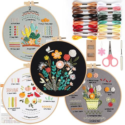 PARAS KORS 4-pack broderisats för hantverksälskare lära sig handstygn, komplett gör-det-själv-kit med ring för nybörjare, enkla instruktioner och video, bra som present
