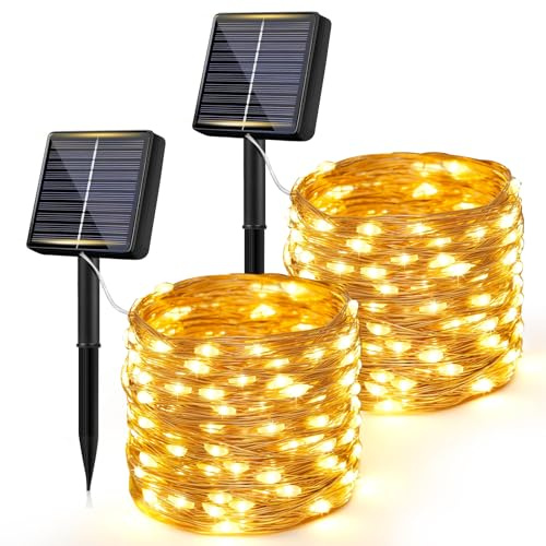 Bowfar 2 Stück Solar Lichterkette Aussen, 12M 120LED Solarlichterkette Außen Wetterfest 8 Modi Kupferdraht Lichterkette Außen Solar Outdoor für Garten Balkon Hochzeit Party Weihnachten Deko, Warmweiß