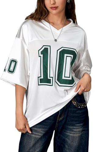 Verdusa Women's Oversized Jersey Shirt Graphic Tees V Neck Short Sleeve Vintage T Shirts White and Green Medium