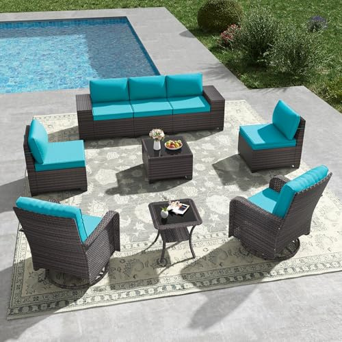 Kullavik 9 Pieces Outdoor Patio Furniture Set,PE Wicker Rattan Sectional Sofa Patio Conversation Sets with Tempered Glass Table,Swivel Rocking Chairs Set,Blue
