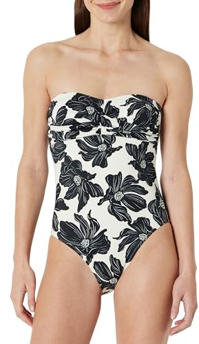 Amazon Essentials Maillot de Bain Une Pièce Style Bandeau Femme, Crème Noir Floral, 40