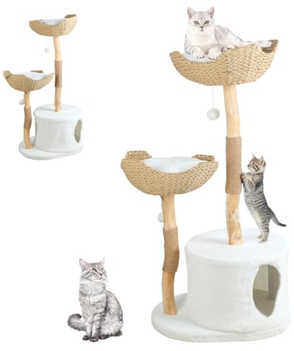 Cat Tree Tower, 46 Modern Cat Tree for Large Cats, Heavy Duty Solid Wood Cat Tower with 2 Baskets & Scratching Post, Large Cat Condo Climbing Tower for Indoor Cats (Yellow)