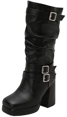 XINXINIO Botas de mujer en gamuza | Botas altas con tacón de bloque y hebilla para invierno, Negro , 36 EU
