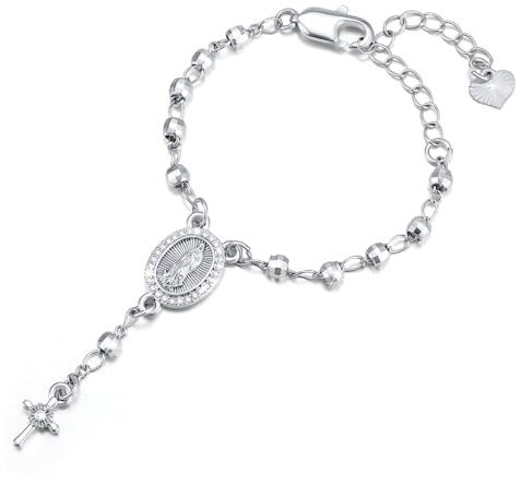 Dainty Rosary Cross Bracelet for Kids : Virgin Mary Y Chain Crucifix Bracelets for Girls Boys Christian Catholic Baptism Holy First Communion Gifts for Toddler Children, Silver