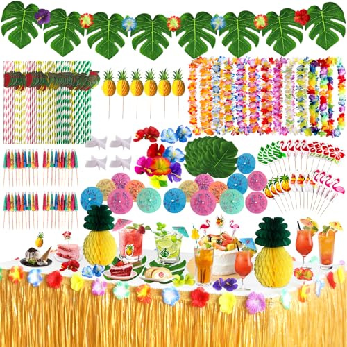 145Pcs Hawaiano Luau Falda de Mesa Set de Decoración，Fiesta Hawaiana，Decoración para Tarta con Flores Hawaianas de Hoja de Palma，Perfecta para la Playa de Verano y Fiestas Temáticas Hawaianas