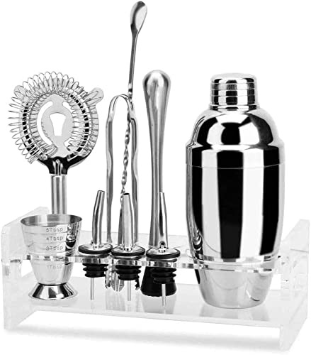 Kit de Barman de 10 Piezas con Soporte rústico - Juego de coctelera con Tarjetas de Kit de cóctel - Kit de Barra Premium para un Regalo Divertido de cóctel - Juego de Barman de Acero Inoxidable -