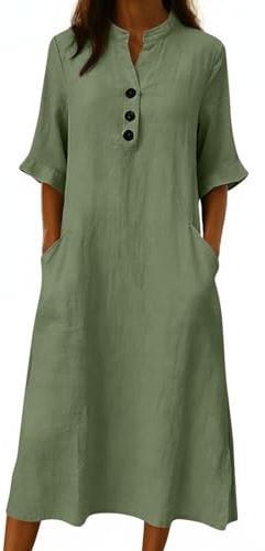 Cotton Dresses for Women UK Summer Beach Shirt Dresses Solid Color Button Henley Neck Maxi Dress Elegant Ruffle Half Sleeve Casual Tunic Tshirt Dress Loose Plain Long A Line Sundress with Pockets
