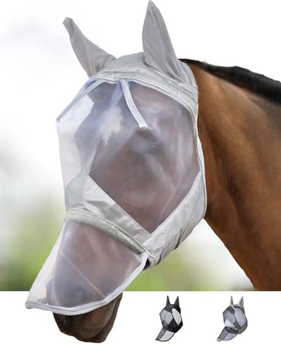 Harrison Howard Caremaster Masque Anti-Mouches intégral pour Cheval Protège Visage Nez et Oreilles Polaire en Nylon rembourré Protection UV, Argenté Brillant