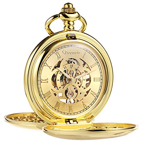TREEWETO Mekanisk fickur för män vintage steampunk smidig dubbel fodral romerska siffror klocka för män kvinnor med kedjelåda