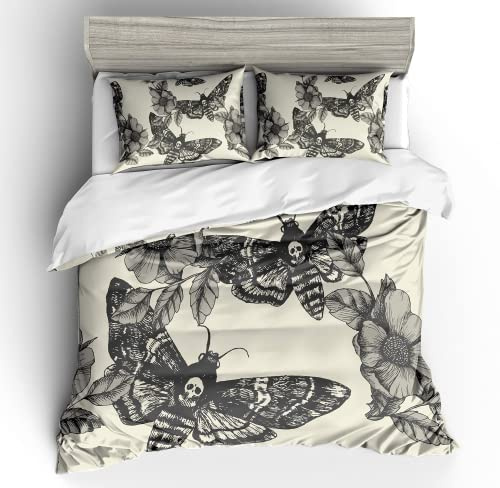 Lunoroey Black White Skull Bedding Quilt Cover 3D Digital Printing Death Skull Flower Moth Soft Easy Care Microfiber Bedding 3pc Duvet Cover Sets King Size